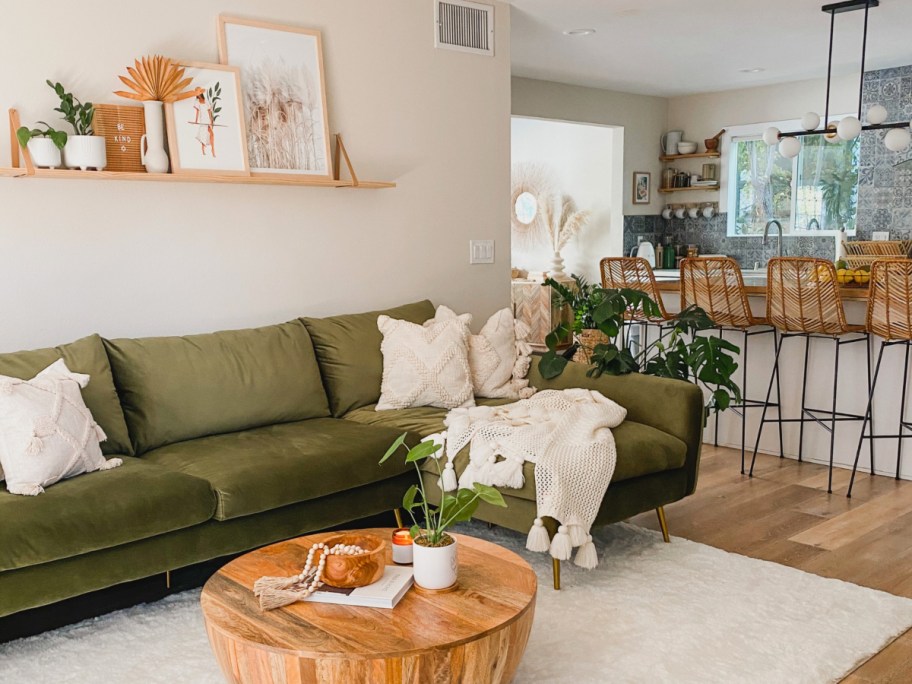 living room with green couch