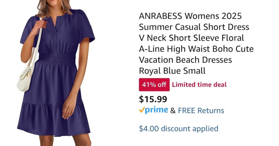 woman wearing blue dress next to Amazon pricing information