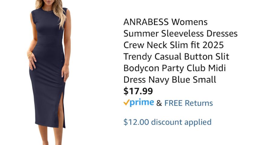 woman wearing navy dress next to Amazon pricing information