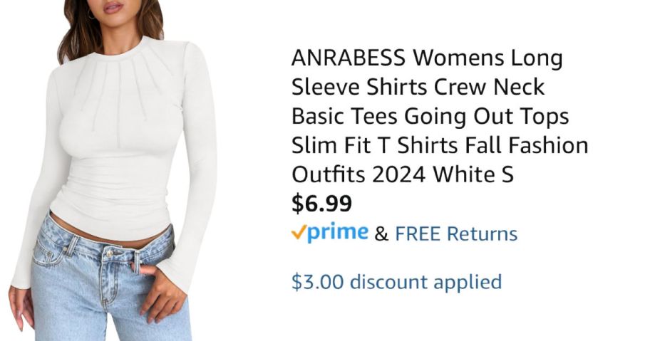 woman wearing white shirt next to Amazon pricing information