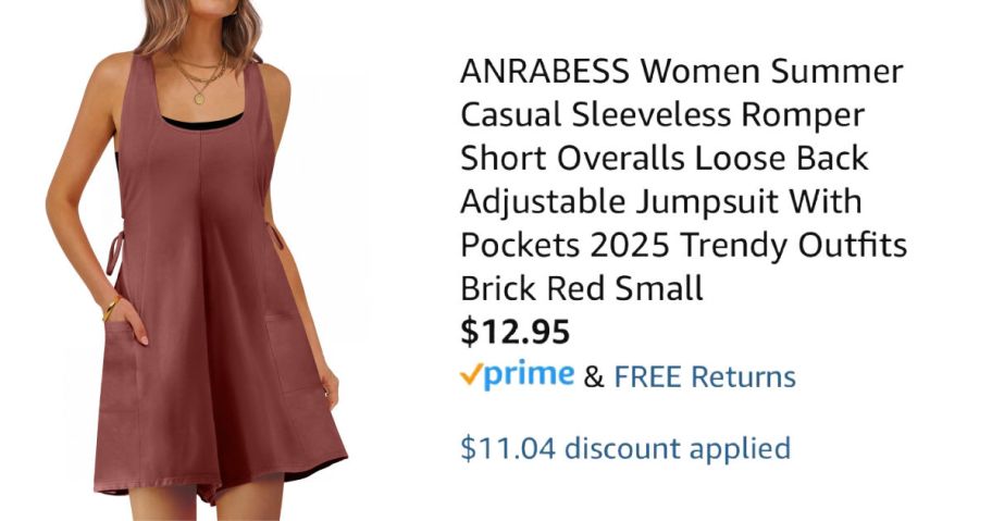 woman wearing rust-colored romper next to Amazon pricing information