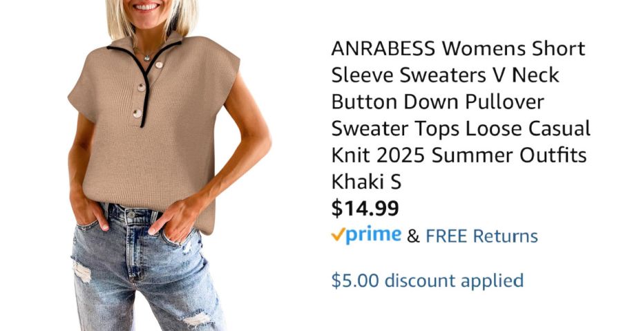 woman wearing v-neck sweater next to Amazon pricing information