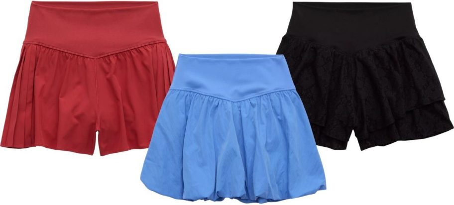 three aerie skorts in various styles