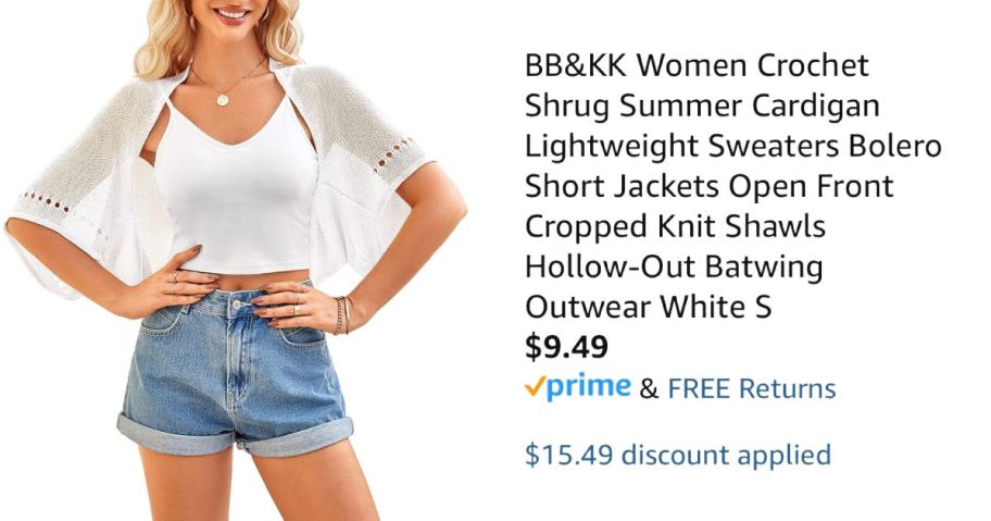 woman wearing white shrug sweater next to Amazon pricing information