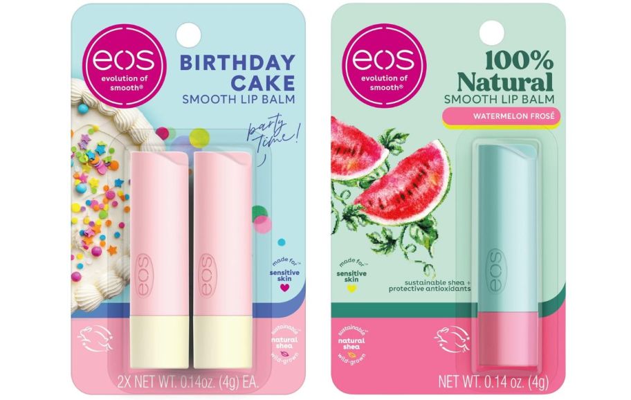 two flavors of eos lip balms stock images