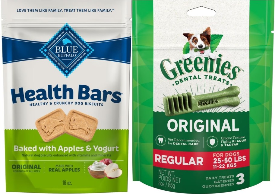 a bag of dog treats with a bag of dental dog treats