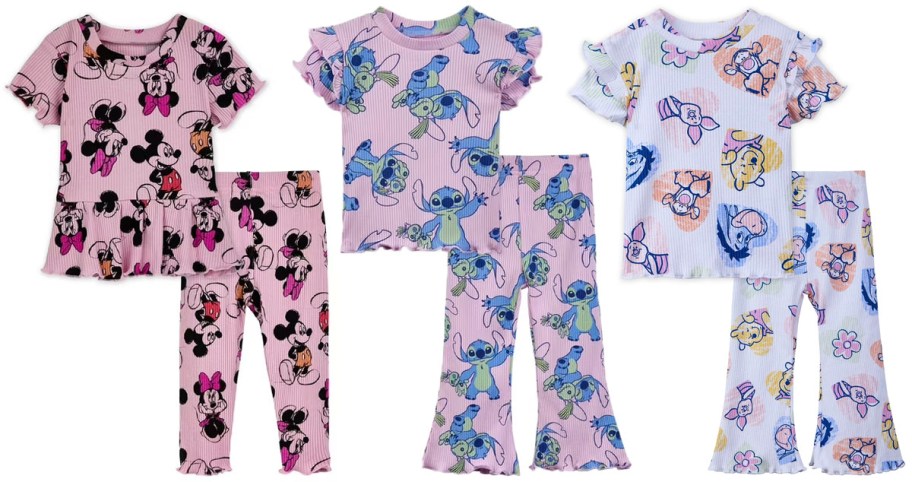 minnie mouse, stitch, and winnie the pooh top and leggings sets
