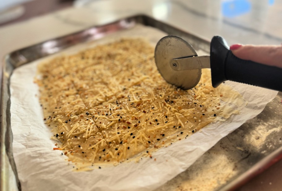 cutting crackers using a pizza cutter 