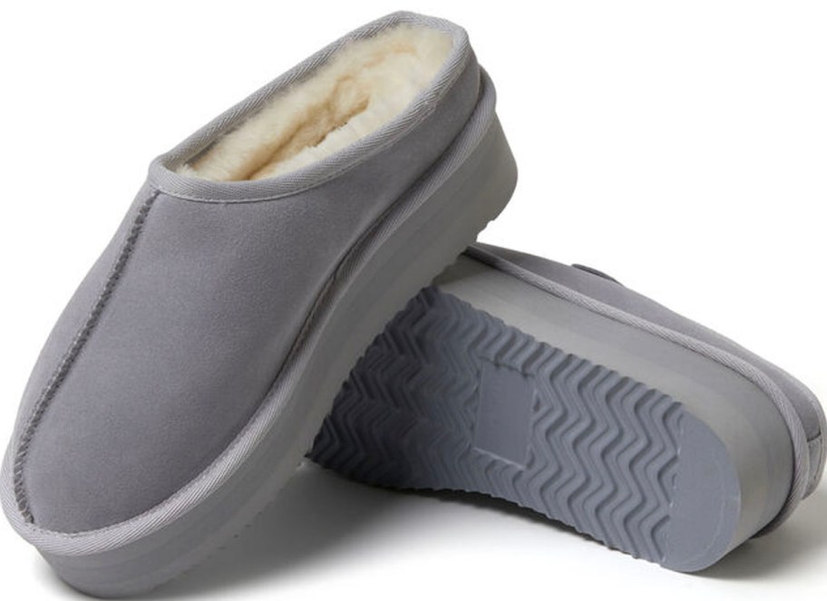 pair of gray platform clogs