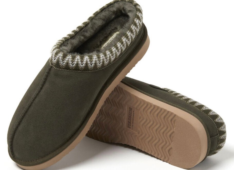 pair of dark green and tan clogs