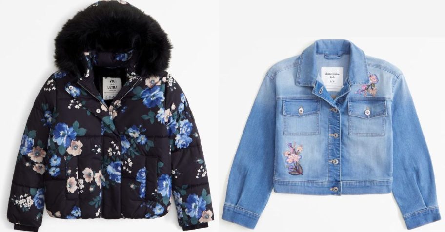 A&F girls puffer jacket and girls denim jacket stock images