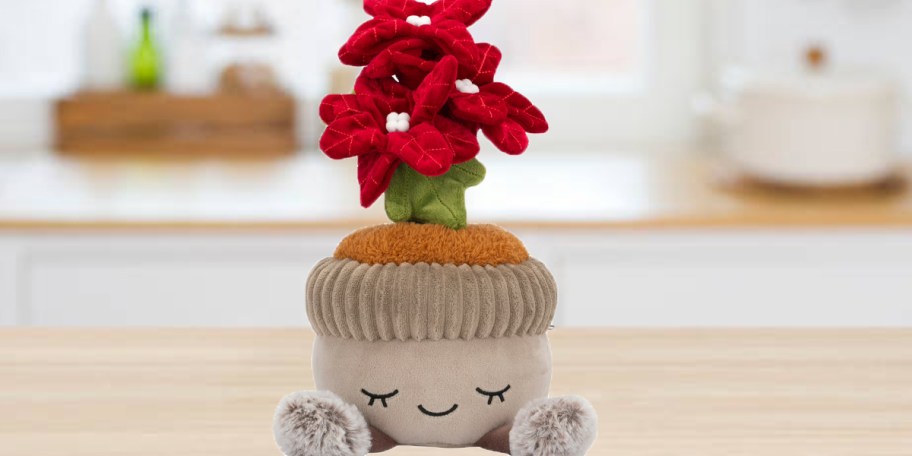 red poinseitta plush sitting on countertop 