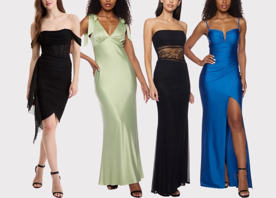 four models wearing various styles of formal dresses