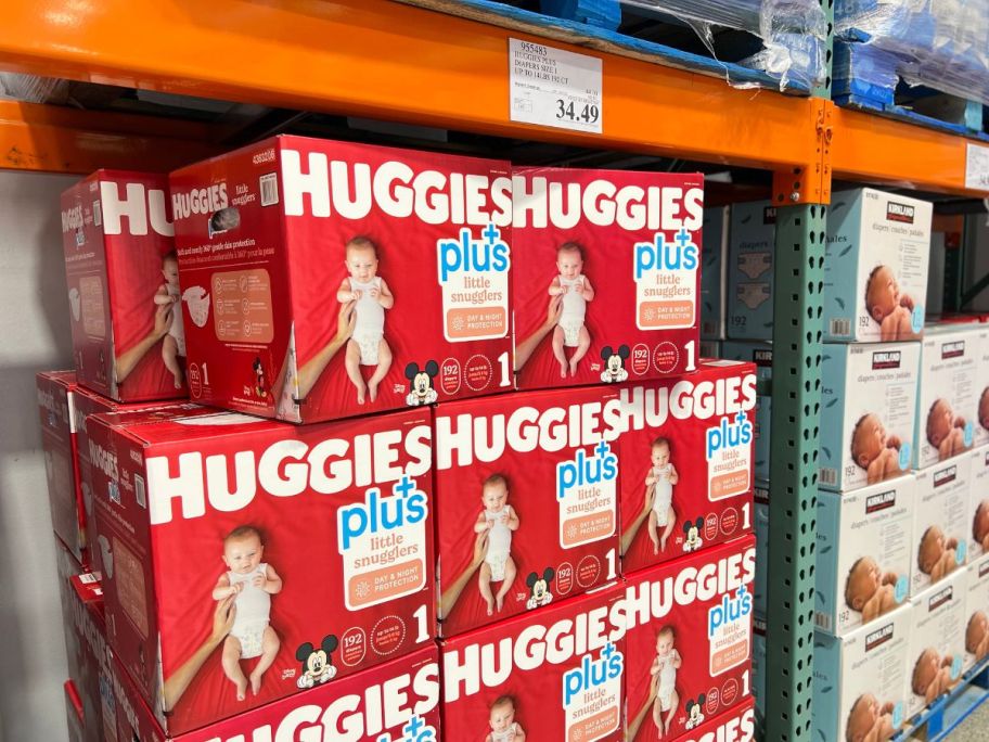 boxes of huggies diapers on shelf