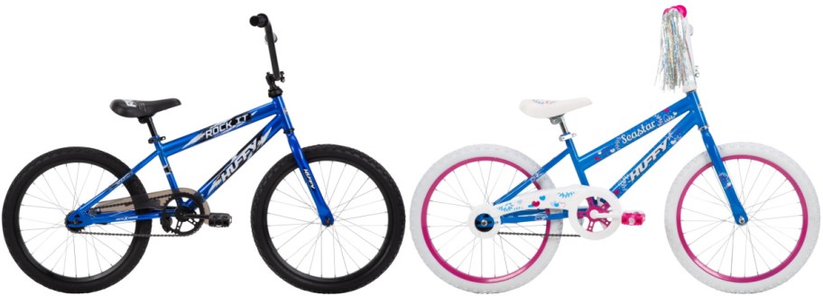 Two kids' bikes are shown. The left bike is blue with black tires and a sporty look. The right bike is blue and white with pink accents and colorful handlebar streamers.