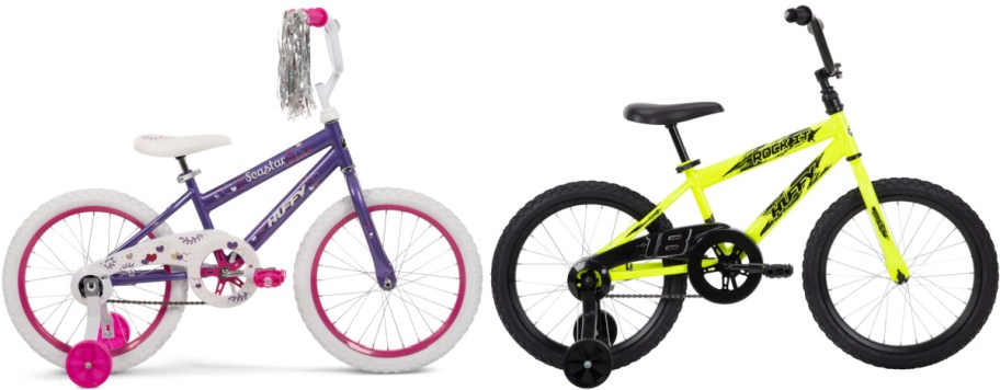 Two children's bicycles are shown. On the left, a purple bike with pink wheels, tassels, and training wheels is decorated with playful designs. On the right, a neon yellow bike with black accents and training wheels.