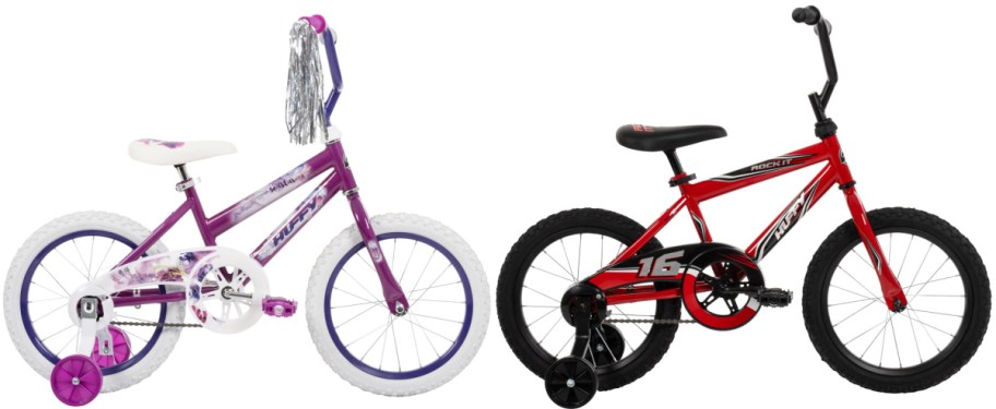 Two children's bikes: a purple bike with tassels and pink details on the left, and a red bike with black accents on the right; both have training wheels.