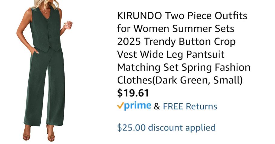 woman wearing green outfit next to Amazon pricing information