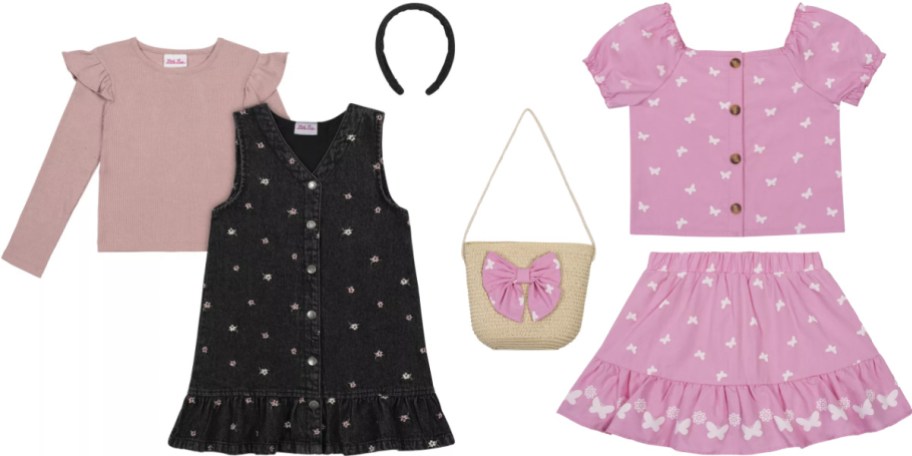 A collection of children's clothing including a pink long-sleeve ruffled top, a black floral button-down dress, a black headband, a woven purse with a pink bow, and a pink short-sleeve top and skirt set featuring a butterfly pattern.