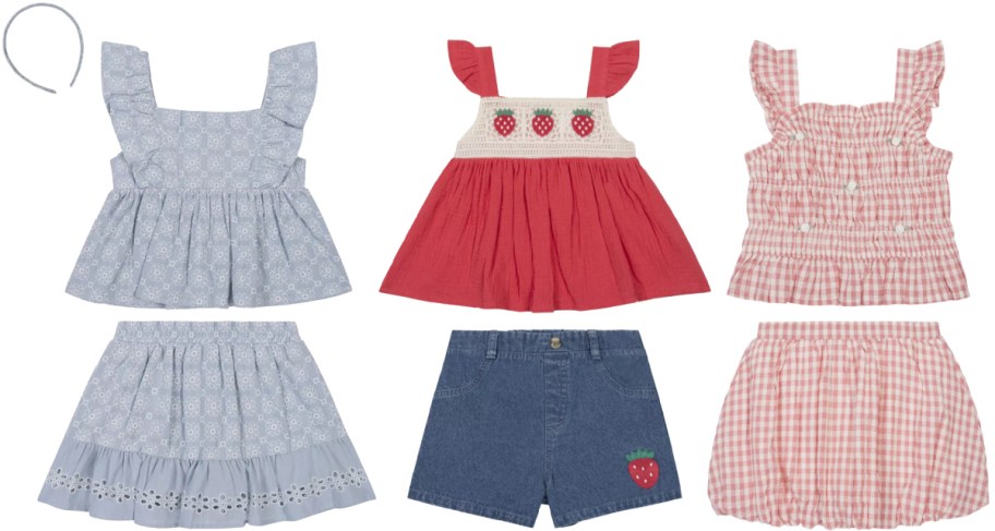 Three children's clothing outfits: a light blue floral eyelet top and skirt set with a matching headband, a red top featuring crochet strawberries paired with denim shorts, and a pink gingham smocked top with matching bloomers.