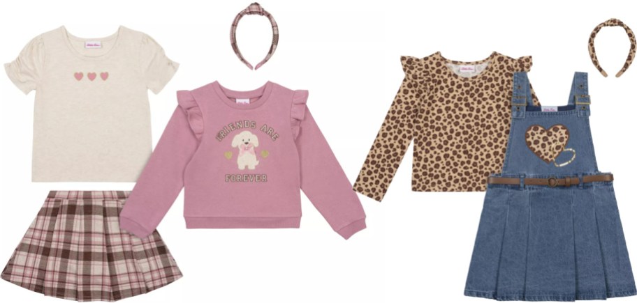 A collection of children's clothing pieces including a cream t-shirt, a pink plaid skirt, a pink sweatshirt featuring a dog, a leopard print long-sleeve top, a denim jumper dress with a leopard print heart, and two matching headbands.