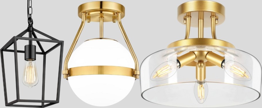 a pendant light fixture and two semi flush mounted light fixtures