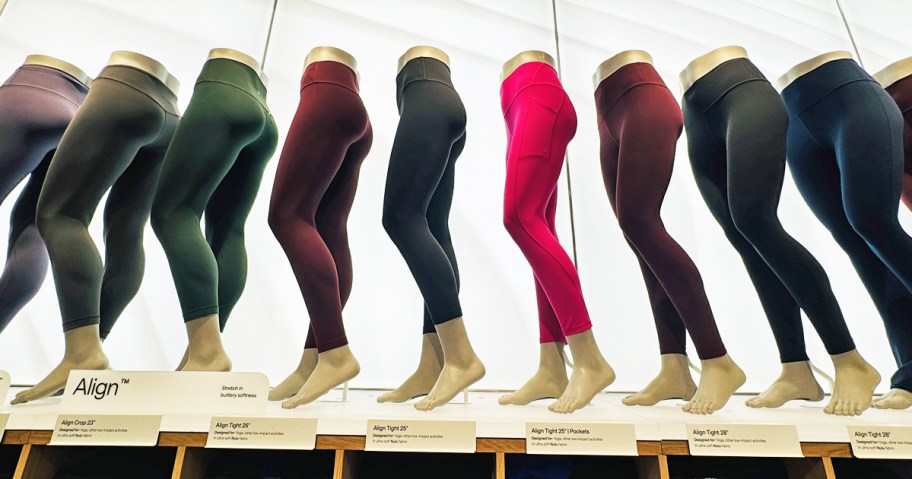 multiple styles and colors of lululemon Align Leggings on display in store