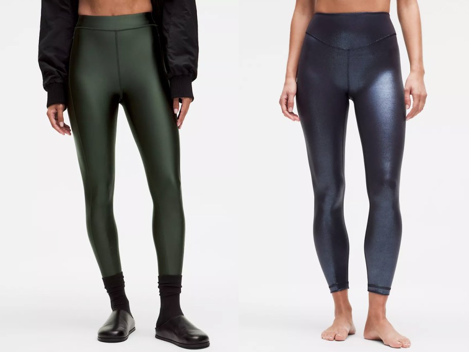 two women in shiny green and black leggings