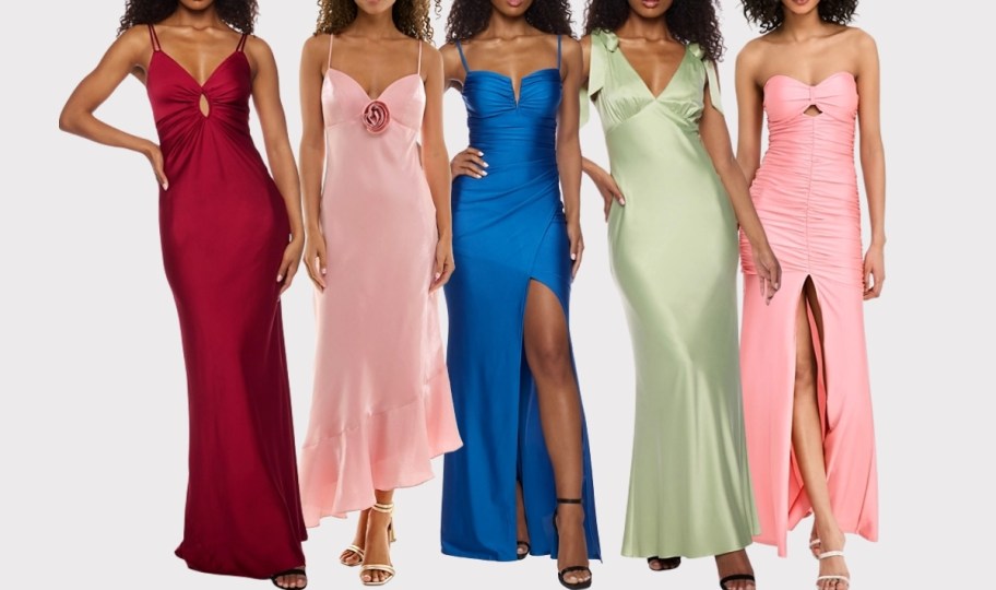 5 women in formal dresses of various styles and colors