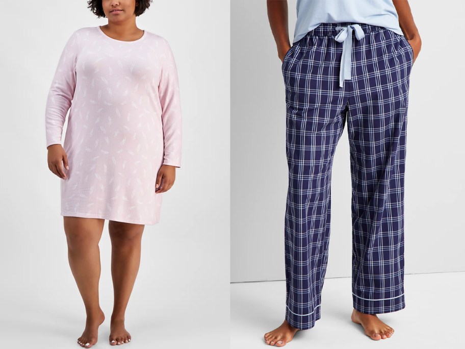 woman wearing pink sleep shirt and man wearing blue pajama pants 