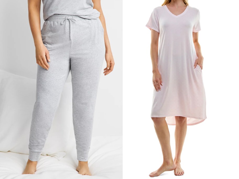 woman wearing gray pajama pants and woman wearing pink sleepshirt