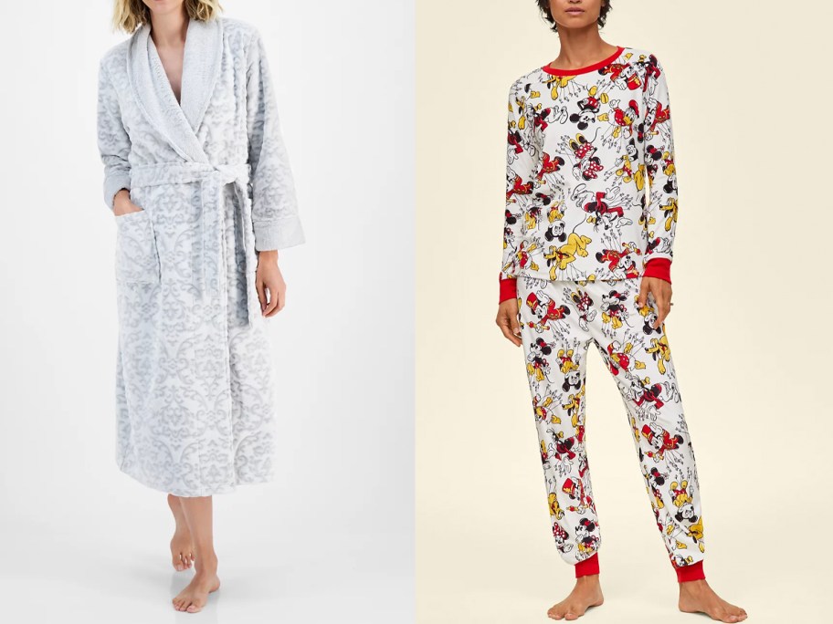 two women wearing gray robe and mickey mouse pajama set