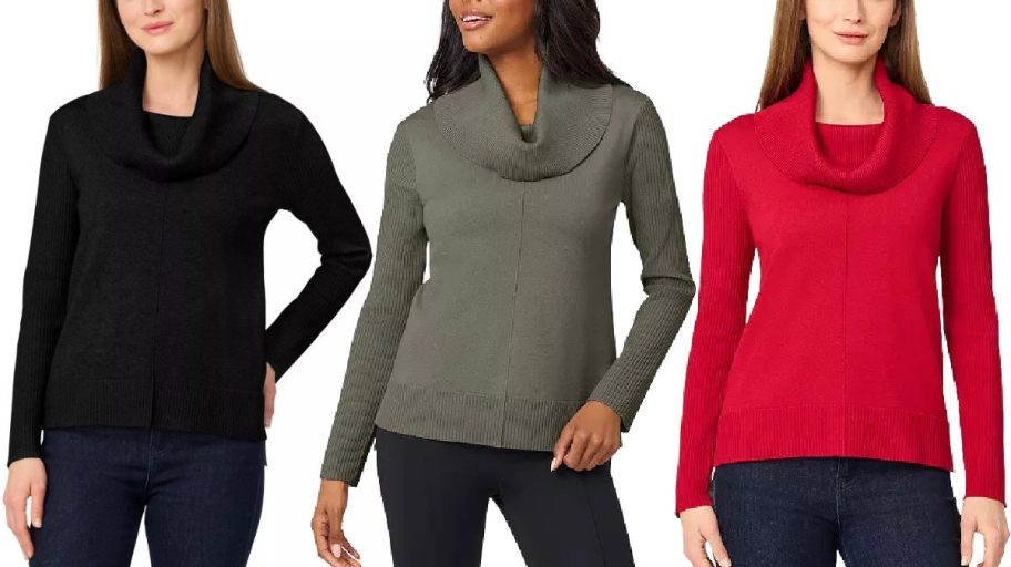 Three women wearing coloring sweaters.