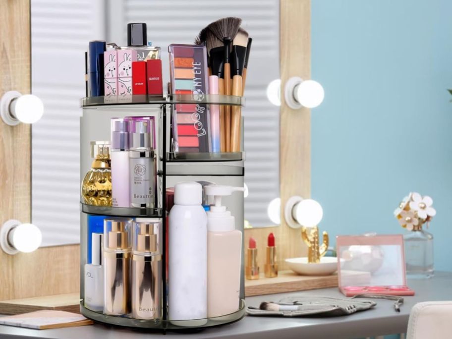 makeup organzier displayed in the bathroom