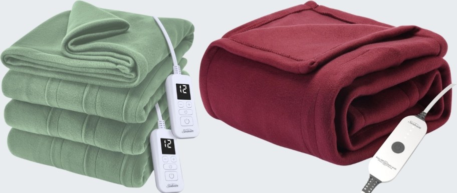 mathc green queen electric blanket and a cabernet colored heated throw