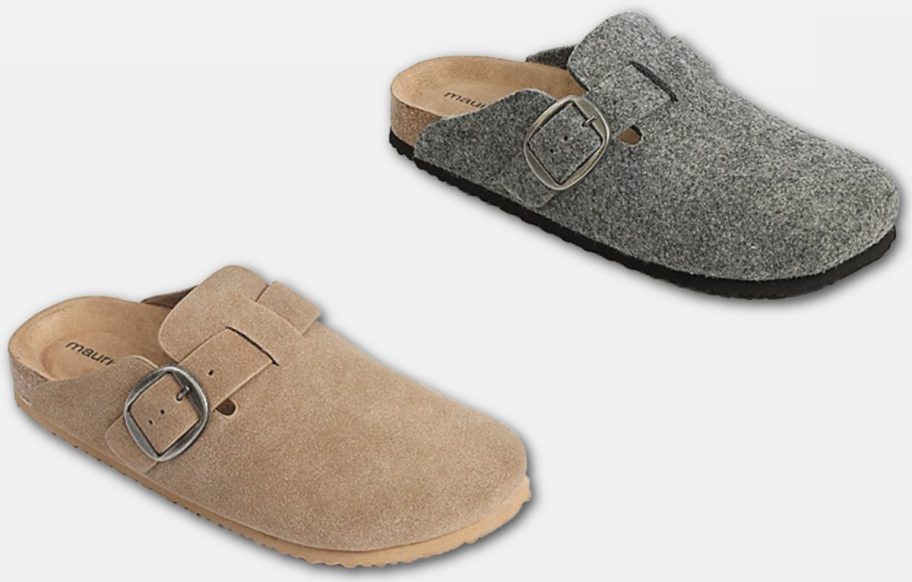 Stock image of two maurices SuperCush Chloe Footbed Clogs in Taupe and Charcoal Gray