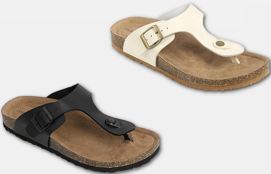 Stock images of two maurices SuperCush Chloe Toe Thong Footbed Sandals in black and white