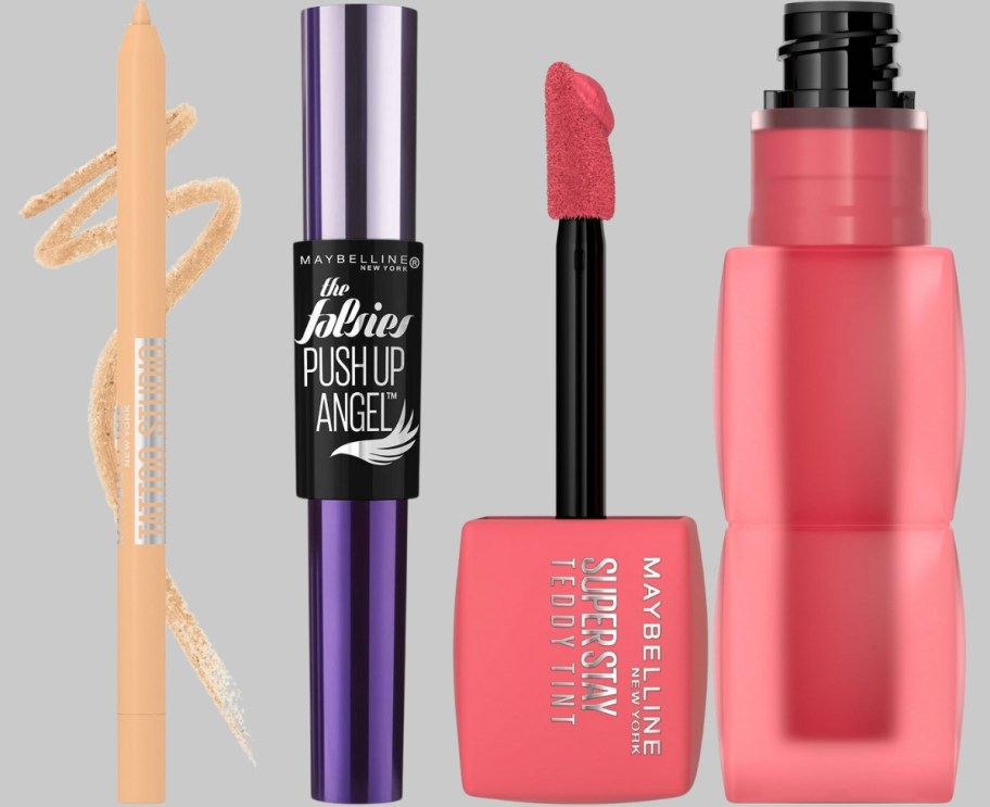 maybelline eyeliner, mascara, and lip tint