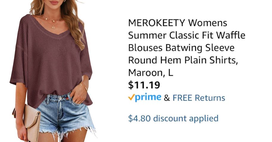 woman wearing maroon shirt next to Amazon pricing information