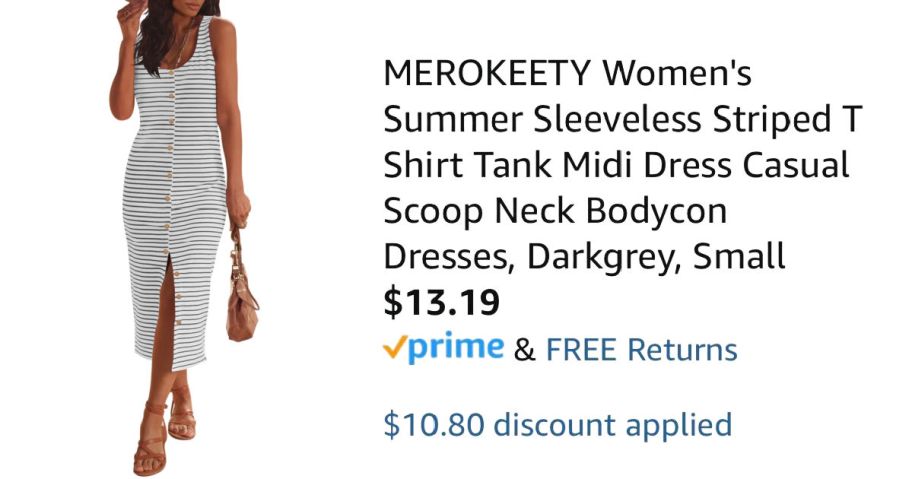 woman wearing striped dress next to Amazon pricing information