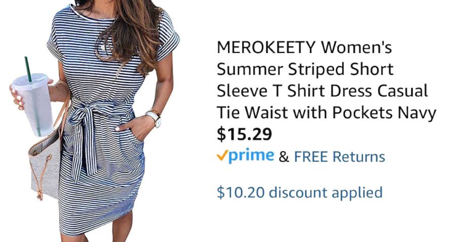 woman wearing striped dress next to Amazon pricing information