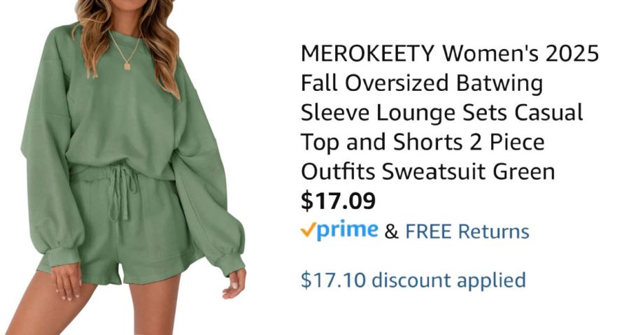 woman wearing green lounge set next to Amazon pricing information