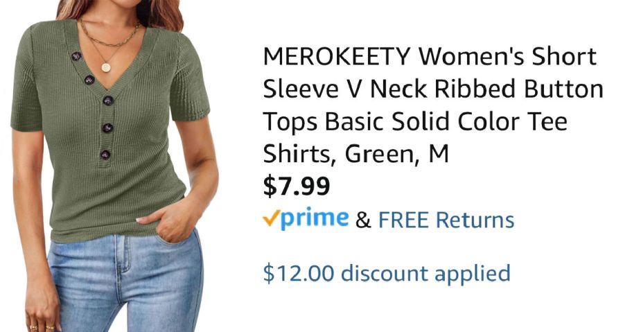 woman wearing green shirt next to Amazon pricing information