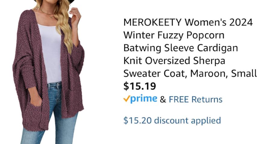 woman wearing purple cardigan next to Amazon pricing information