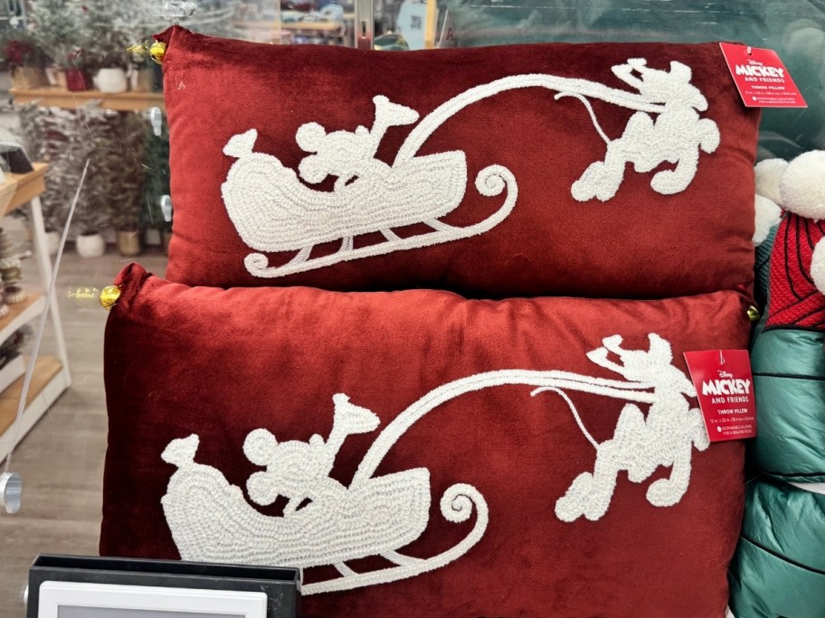 red velvet mickey mouse santas sleigh pillow