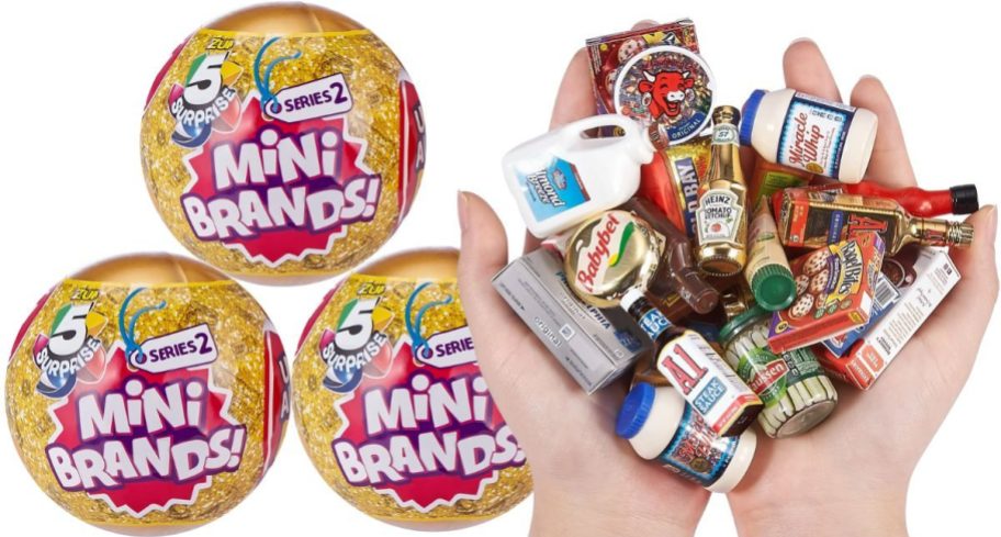 mini brand 5 surprise series 2 collectible capsules and two hands holding unboxed minis