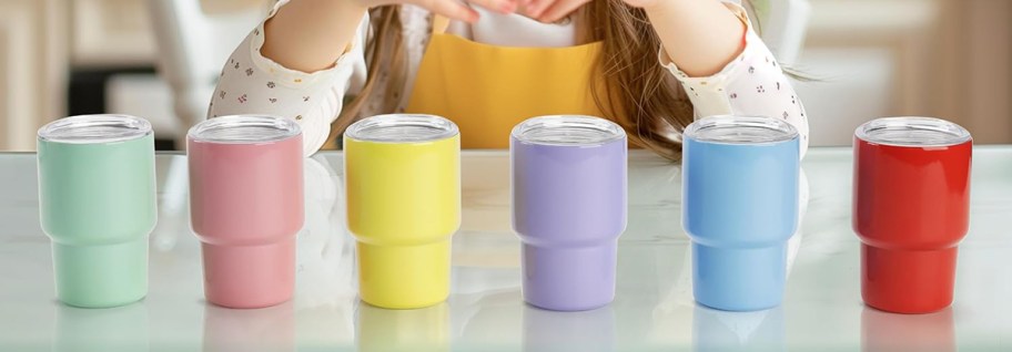 colorful mini tumblers in a row