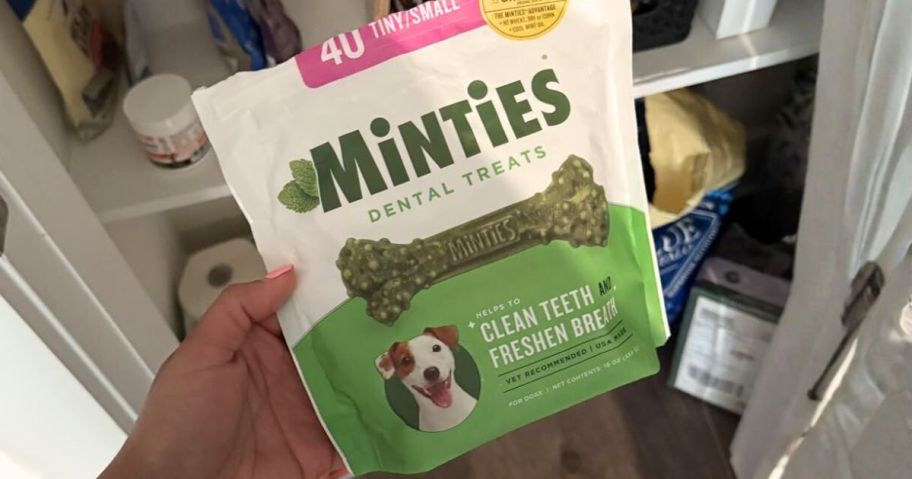 hand holding Minties Dog Treats 40-Count bag in front of pantry