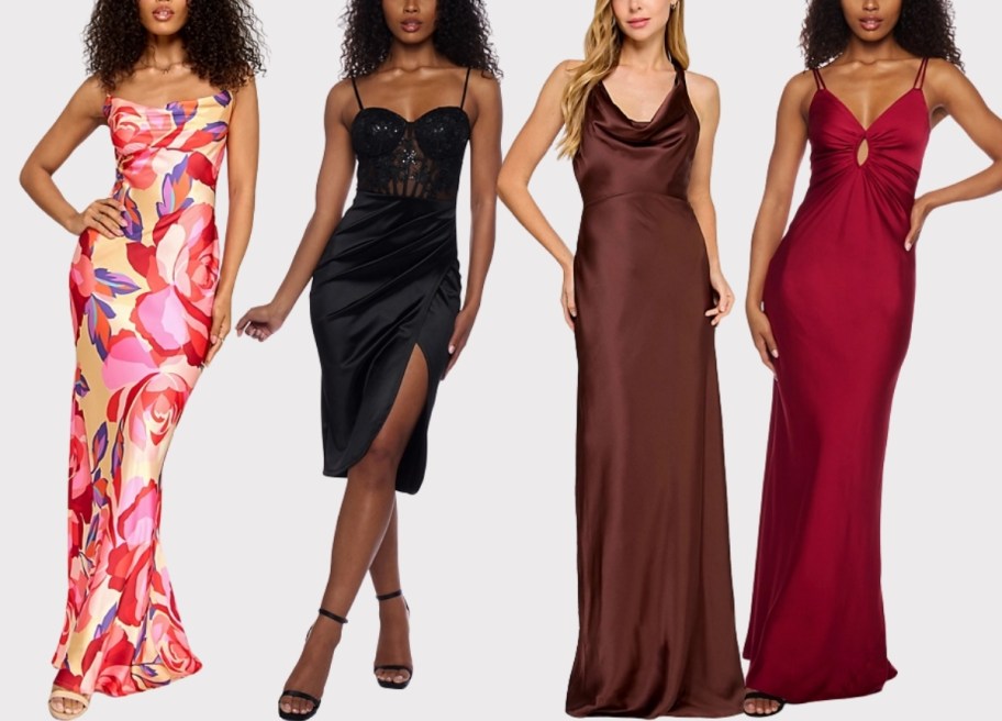 four models wearing various styles of formal dresses
