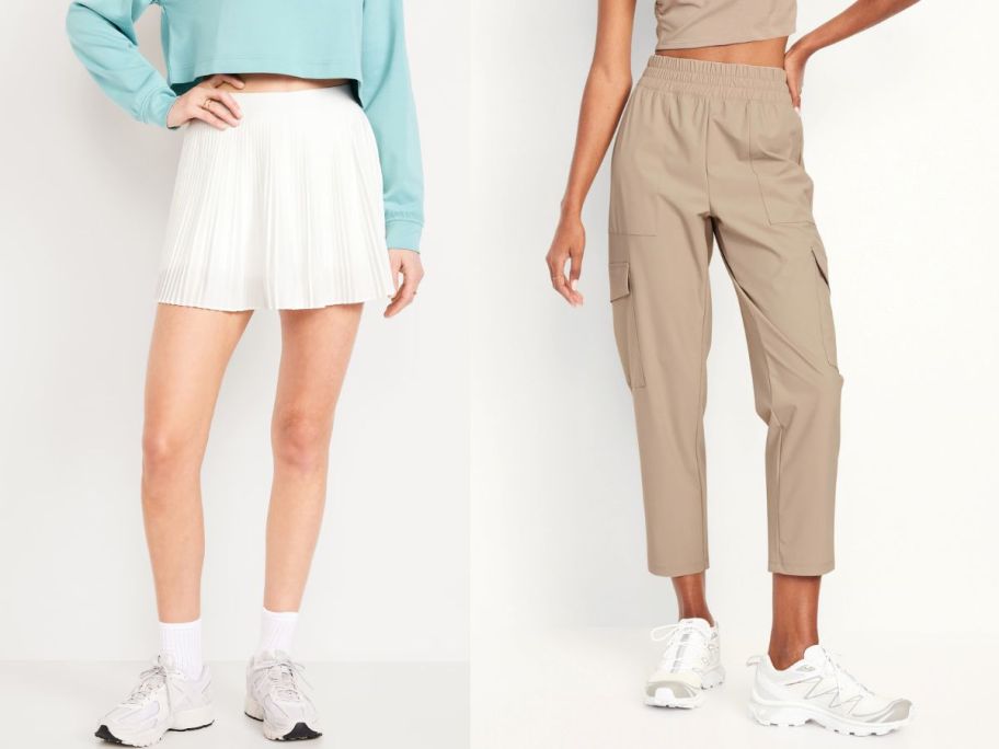 two women wearing an old navy skort and pants